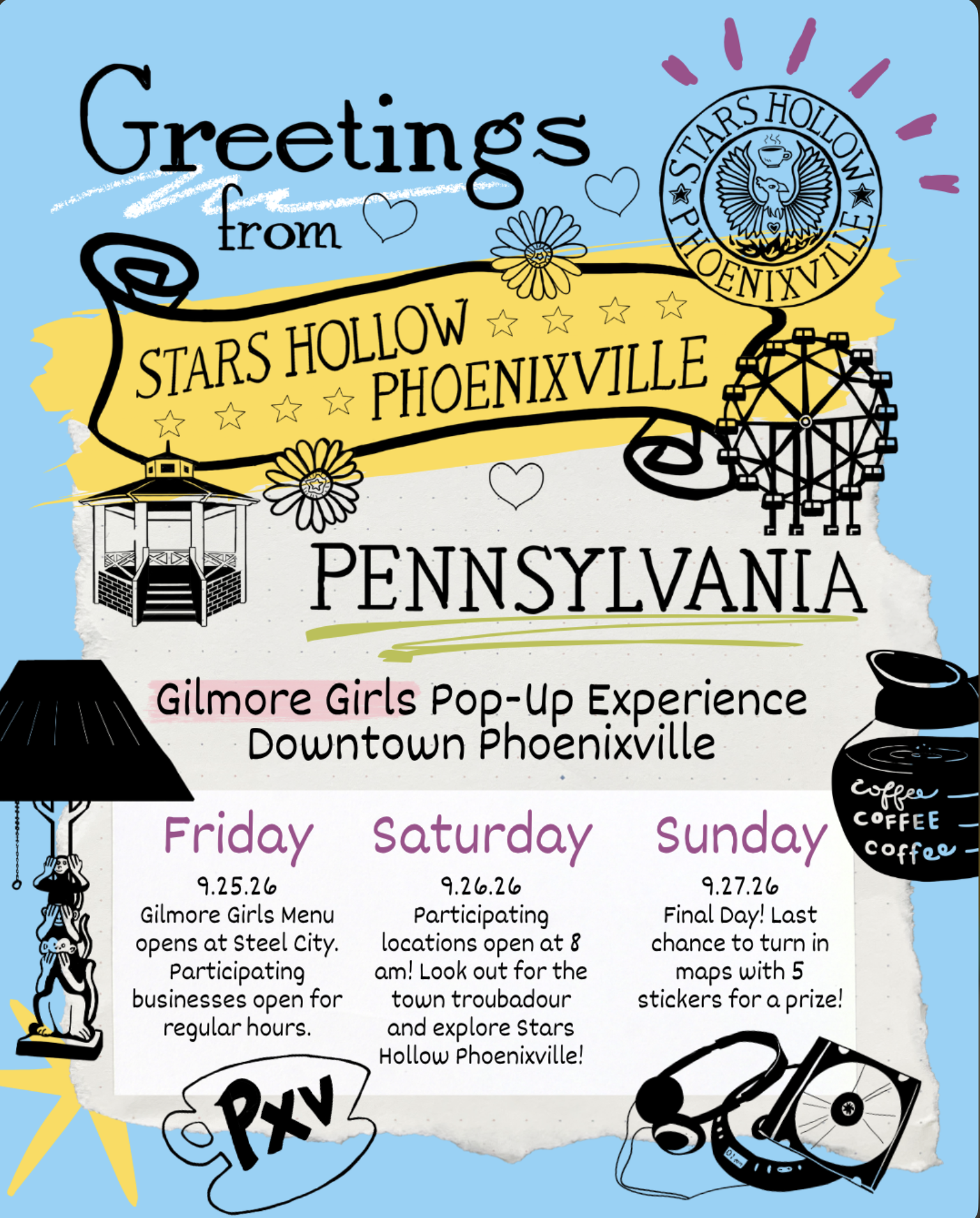 Greetings from Stars Hollow Phoenixville: a Gilmore Girls pop-up experience in downtown Phoenixville, September 25 through 27, 2026.